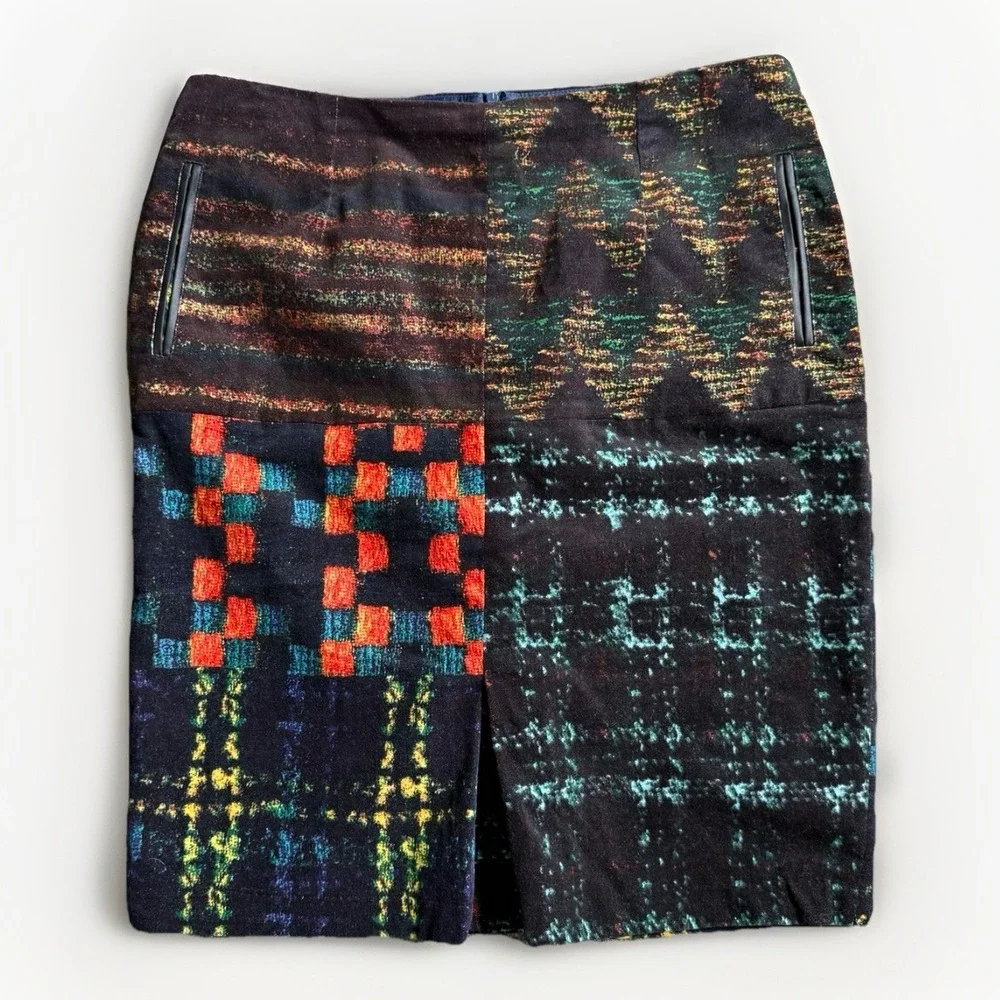 Linea‎ Domani Patchwork Skirt 10 Abstract Plaid Multicolor Pencil Midi Academia